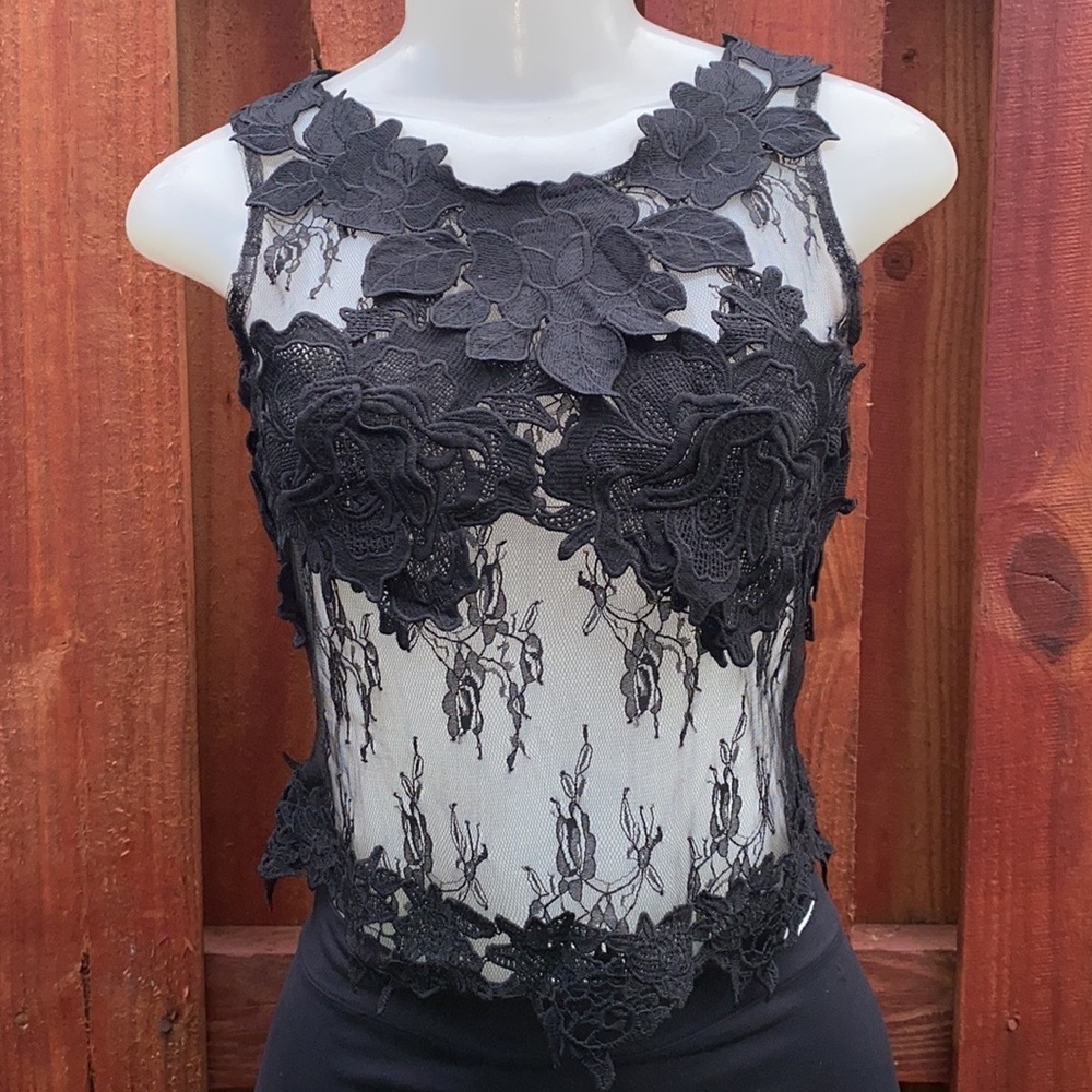 Top Chic Sheer Black Floral Lace Top Gold Zip Sleeveless Applique Bustier Size S